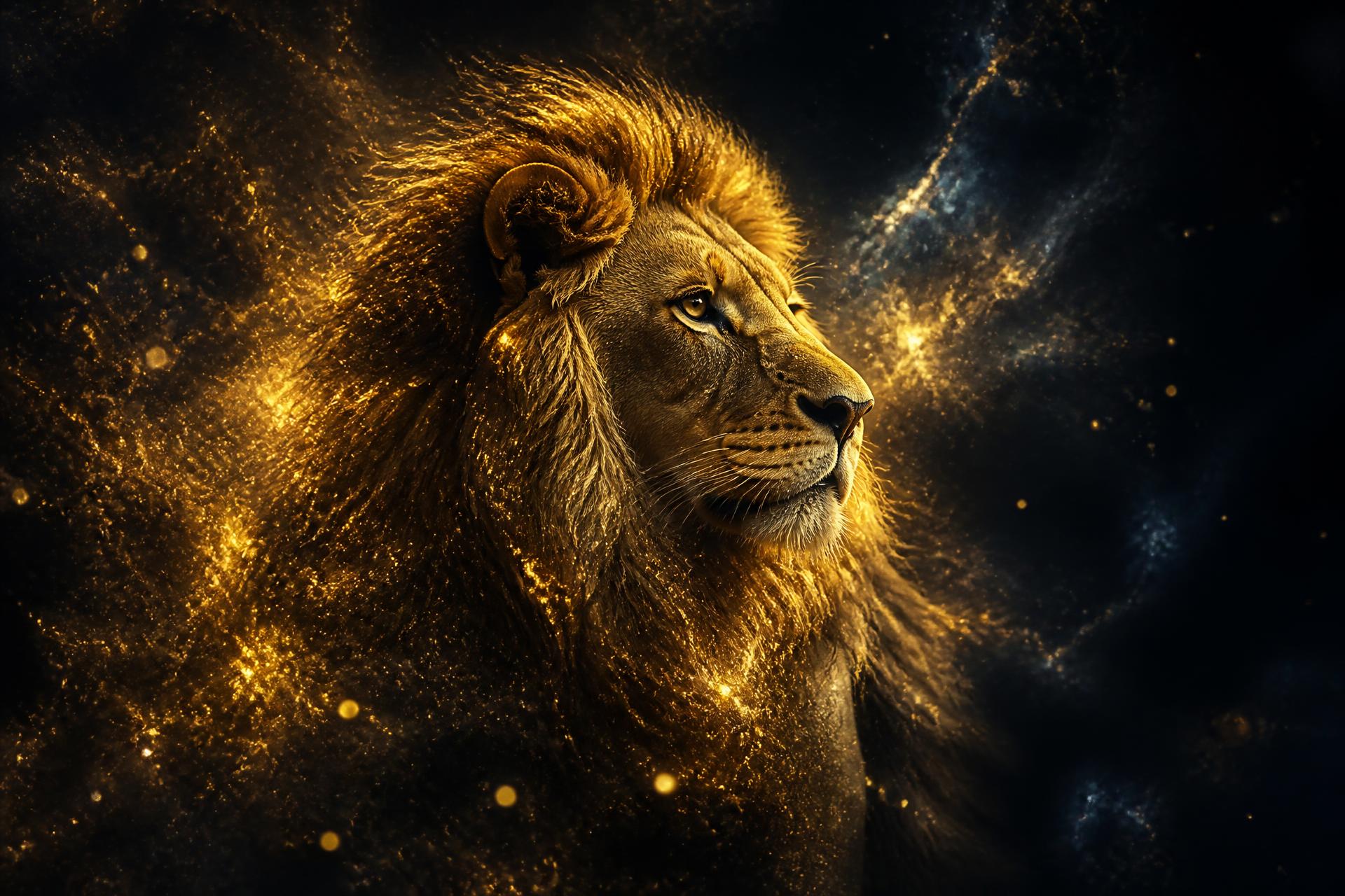 León majestuoso bañado en luz dorada y cósmica